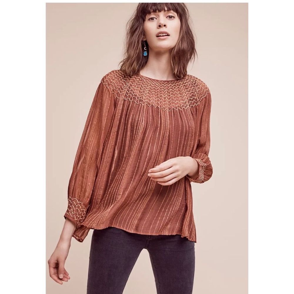 Anthropologie Love Sam Boho Embroidered Peasant Blouse Sz XS